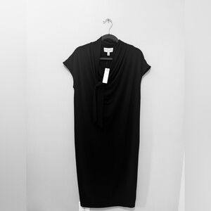 Black Tie-Neck Midi Dress with Draped Front